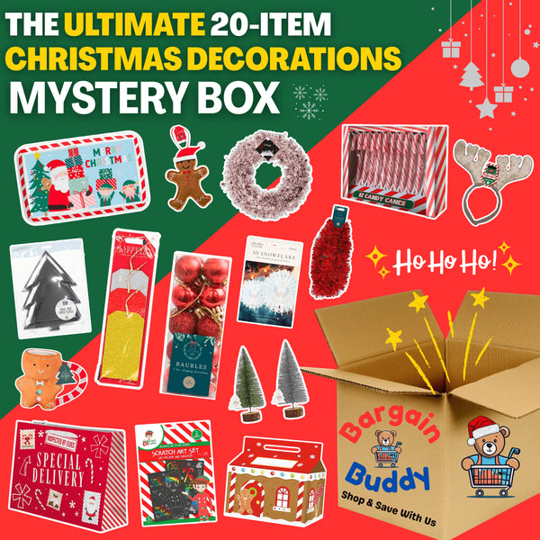The ULTIMATE Christmas Decorations Mystery Box - Contains 20 Different Items - Tinsel, Baubles, Gift Tags, Bags, Wreaths & More - Bargain Buddy UK